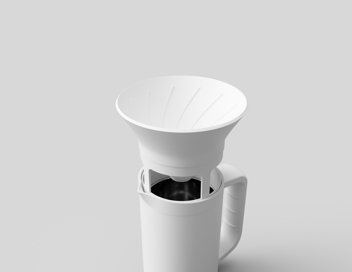 White PRO Brewer assembled for pour-over, with a paper filter in the dripper