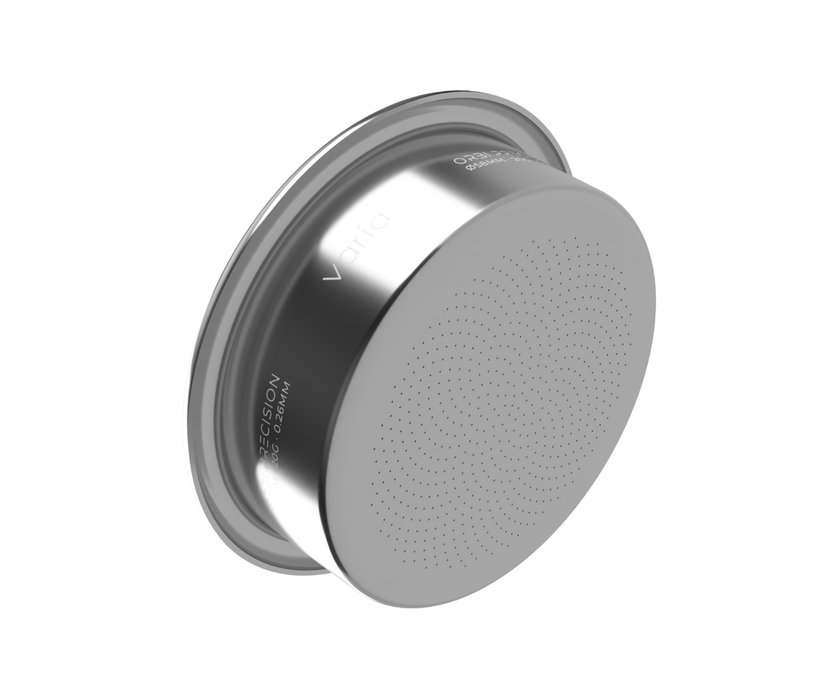 ORBI Precision Basket — angled underside showing the perforated base and 20 g / 0.26 mm markings